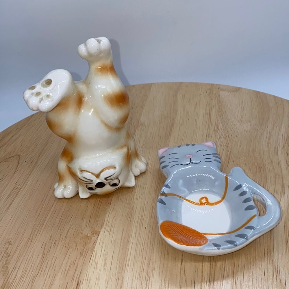 Lot of 2 Whimsical Ceramic Kitties 1 Tumbling Figurine and 1 Trinket Dish